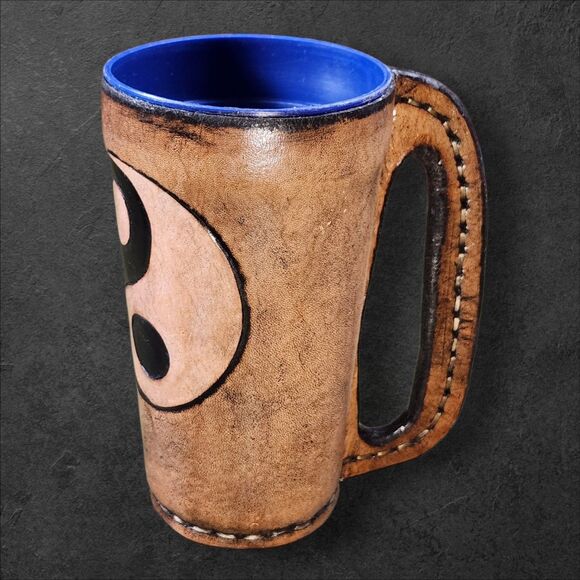 Vintage 1995 Handmade Leather Wrapped Mug DLJ Signed Yin Yang Artisan Ren Faire - Picture 2 of 8
